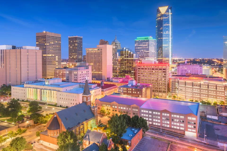Nighttime view of Oklahoma City skyline